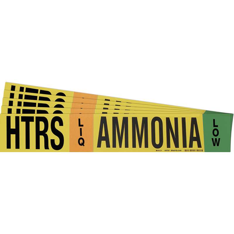 AMMONIA HTRS LIQ/VAP LOW Pipe Marker Sty 1HV BK BL GN OR on YL 1 per Card 5PK